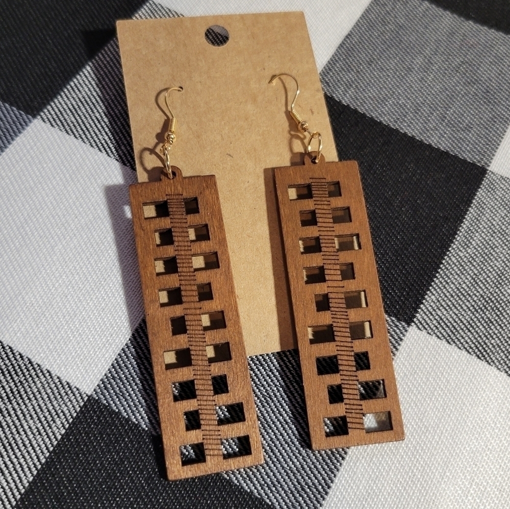 Handmade Wooden cut out Square Boho long dangle Earrings
